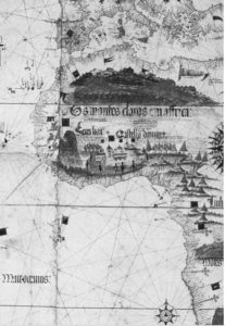Detalle del planisferio de Cantino. Véase el rigor de la representación de la costa africana occidental mapeada durante décadas por los portugueses.